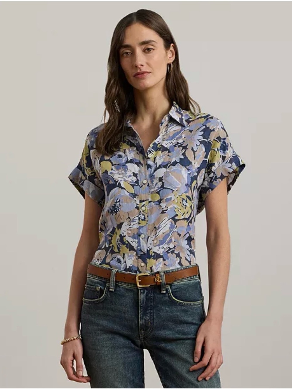 Lauren Ralph Lauren Floral plus size Button-Front Short Sleeve Shirt - Blue
